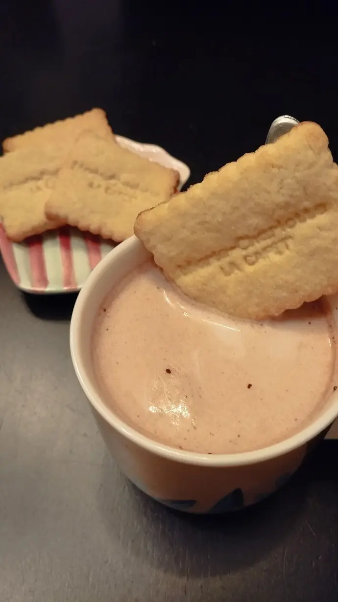 Un mug de chocolat chaud avec un petit biscuit sablé qui trempe dans le lait