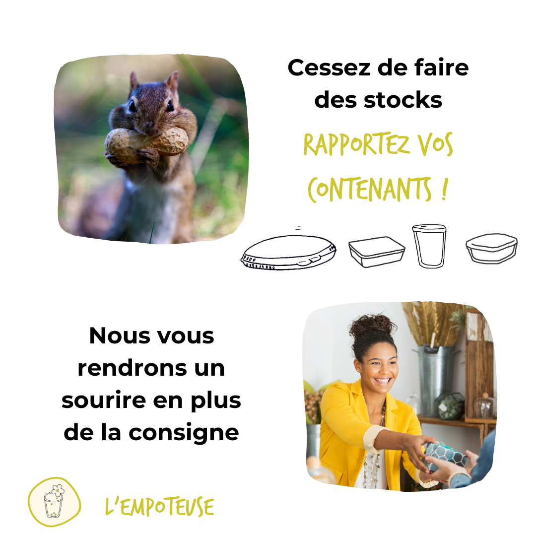 Visuel de l&amp;#39;Empoteuse avec un écureuil avec une arachide en bouche et une jeune femme souriante avec une veste jaune