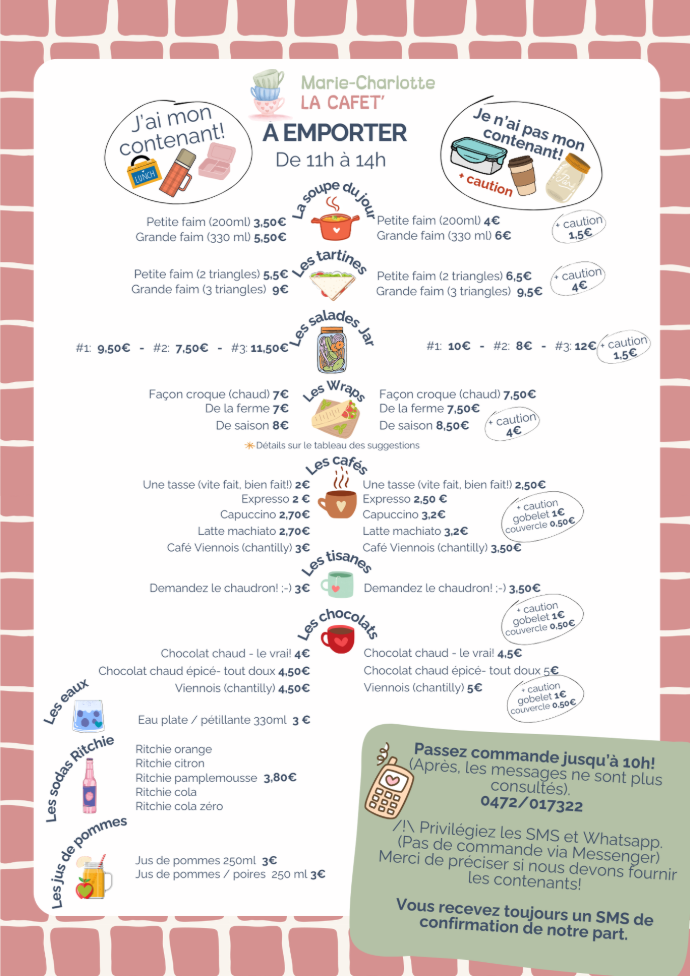 La carte des plats à emporter