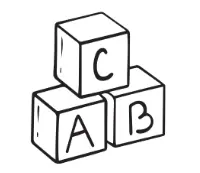 Dessin de trois cubes pour enfants avec les lettres A, B et C